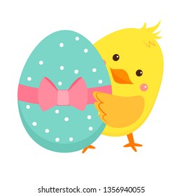 Vector yellow happy chicken with egg. Vector illustration.Isolated on white background.Cartoon flat style
