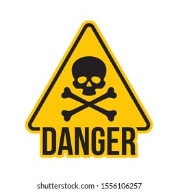 Vector yellow hazard warning symbol of death with text danger. Isolated on white background.
