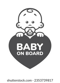 Vector yellow heart sign with cute and little child head figure with bows in hair and text - Baby on board. Isolated white background.