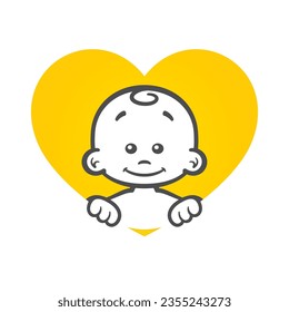 Vector yellow heart sign with cute and little child head figure. Isolated white background.