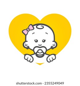 Señal de corazón amarillo vectorial con una linda figura de cabeza de niña con arcos en el pelo. Fondo blanco aislado.