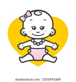 Señal de corazón amarillo vectorial con una linda niñita. Figura de longitud completa con arco de pelo. Fondo blanco aislado.