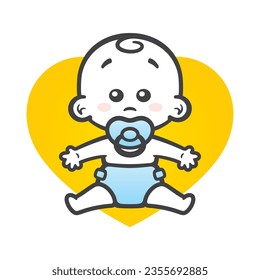 Señal de corazón amarillo vectorial con un niño lindo. Figura de longitud completa con pacificador. Fondo blanco aislado.