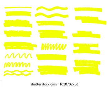 Vector yellow highlighter brush lines. Hand drawing.