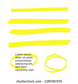 Vector yellow highlighter brush lines. Brush pen underline. Yellow watercolor hand drawn highlight