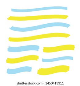 Vector yellow highlighter brush lines. Brush pen underline. Yellow watercolor hand drawn highlight