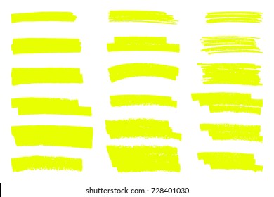 Vector yellow highlighter brush lines. Hand drawing.