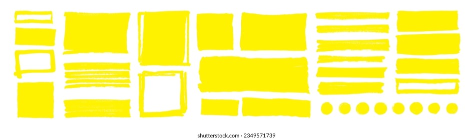 Vector yellow highlighter set. Hand drawn brush pen yellow highlights. Brush stroke marker underline emphasize elements. Yellow color marker stripe lines isolated on white backdrop. Simple text frames