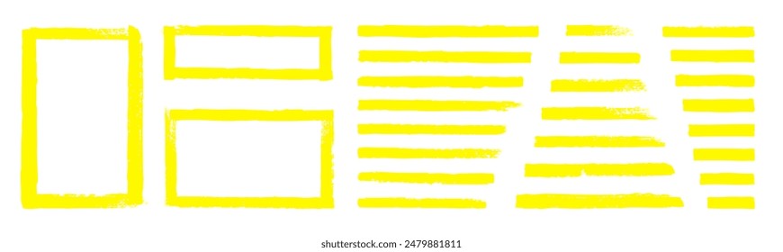 Vector yellow highlighter set. Hand drawn brush pen yellow highlights. Brush stroke marker underline emphasize elements. Yellow color marker stripe lines isolated on transparent bg. Simple text frames