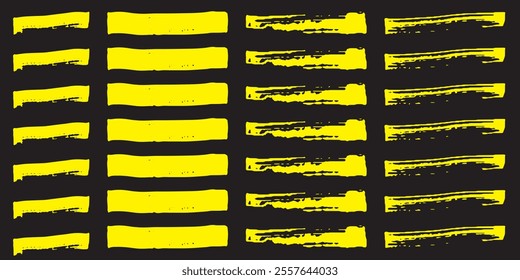 Vector yellow highlighter set. Hand drawn brush pen yellow highlights. Straight marker line vector strokes. Yellow hand drawn stripes.Text highlighter pen. Highlight marker lines. Marker yellow stroke