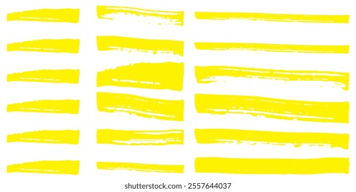 Vector yellow highlighter set. Hand drawn brush pen yellow highlights. Brush stroke marker underline emphasize elements.