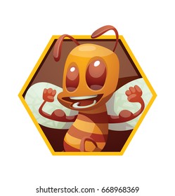 Vector yellow honeycomb frame with cartoon image of a funny yellow-brown striped male bee, showing his muscles and smiling on a white background. Beehive, insect, honey. Positive character. 