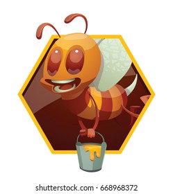 Vector yellow honeycomb frame with cartoon image of a funny yellow-brown striped male bee, flying with a bucket of honey in hands on a white background. Beehive, insect, honey. Positive character. 