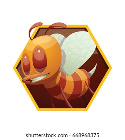 Vector yellow honeycomb frame with cartoon image of a funny yellow-brown striped male bee, flying somewhere and smiling on a white background. Beehive, insect, honey. Positive character. 