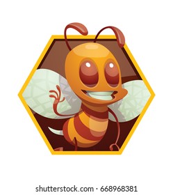 Vector yellow honeycomb frame with cartoon image of a funny yellow-brown striped male bee, waving his hand and smiling on a white background. Beehive, insect, honey. Positive character. 
