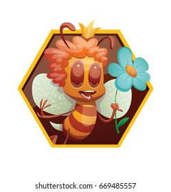 Vector yellow honeycomb frame with cartoon image of a funny yellow-brown striped female bee with crown on head, with a flower in hand on a white background. Beehive, insect, honey. Positive character.