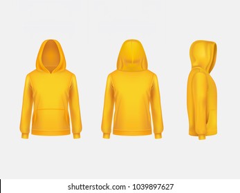 Vector yellow hoodie sweatshirt 3d realistic mockup template on white background. Fashion long sleeve, clothing hooded pullover front, back, side view. Unisex, women, men hoody, sportswear, outfit. svg