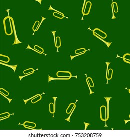 Vector Yellow Horn Seamless Pattern Isolated on Green Background. Wind Musical Instrument