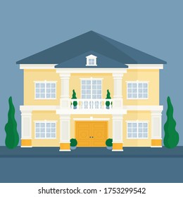 Vector yellow house with blue roof. Flat style. Poster or postcard.