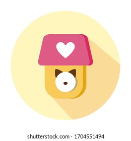 vector yellow house with cat with pink roof and white heart flat style round icon isolated on white background. Pet hotel sign