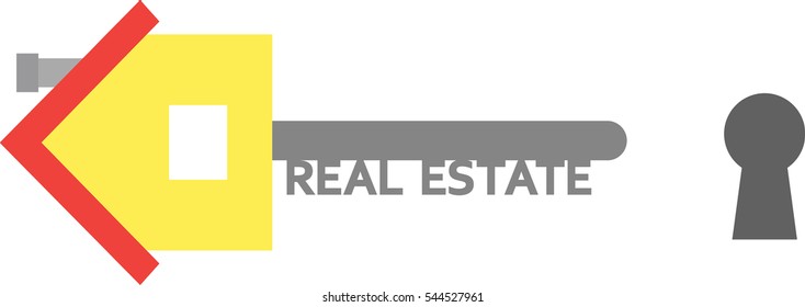 Vector yellow house with grey real estate key and keyhole.