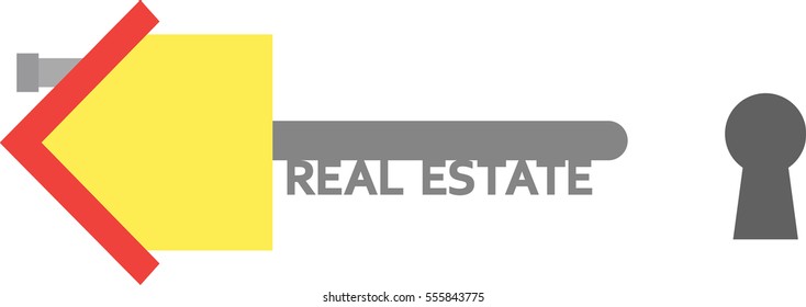Vector yellow house with grey real estate key and keyhole.