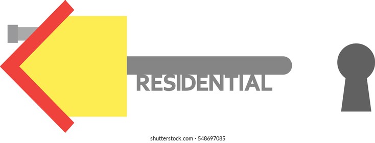 Vector yellow house with grey residential key and keyhole.