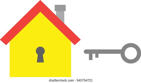 Vector yellow house icon with grey key.
