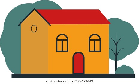 Vector yellow house with red roof and door eps 10. Vector country house with trees and shrubs in the yard eps 10