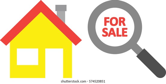 Vector yellow house with red for sale text inside grey and black magnifying glass.