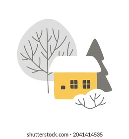 Vector yellow house and trees in the forest. Winter cozy composition isolated on white background