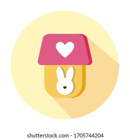 vector yellow house with white rabbit and pink roof with white heart flat style round icon isolated on white background. Pet hotel sign