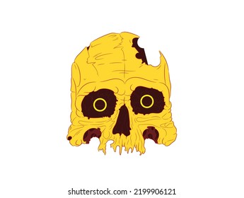 Vector yellow human skull isolated on white background. Men broken skull design for t-shirt and hoodie print. Halloween spooky template. Evil logo design. Cracked head bones zombie. Dead skeleton