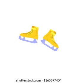 Vector yellow ice-skates icon. Winter sport and recreation, leisure activity equipment element. Outdoor activity footwear. Isolated illustration.
