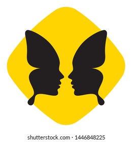 Vector yellow icon with a silhouette of a butterfly which makes you human. Isolated on white background