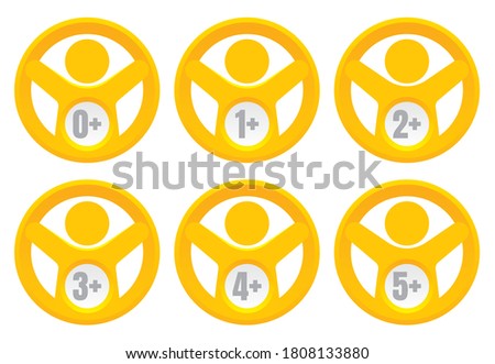 Vector yellow icon suitable for children: 0+, 1+, 2+, 3+, 4+, 5+. Isolated on white background.