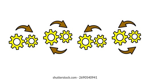 Vector yellow icons with gears and brown arrows for infographics, technical diagrams, and modern business design.