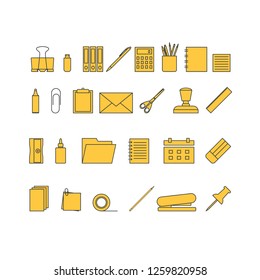 Vector yellow icons of stationery. Stationery tools icons.