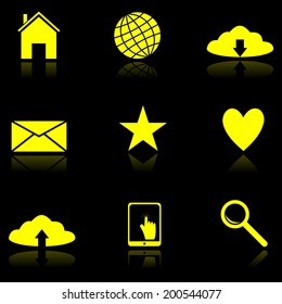 Vector yellow icons for web and mobile applications: home, cloud, earth, envelope, star, heart, tablet computer, magnifier glass.
