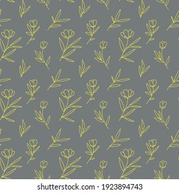 Vector yellow illuminating hand drawn simple flowers on gray background. Floral seamless pattern with flowers for textile, wallpaper, bedding.