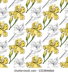 Vector Yellow Iris floral botanical flower. Wild spring leaf wildflower isolated. Engraved ink art. Seamless background pattern. Fabric wallpaper print texture.