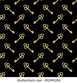 Vector Yellow Keys Isolated on Black Background. Seamless Gold Key Pattern