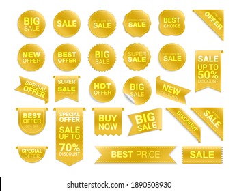 Vector yellow labels isolated on white background. Sale promotion, website stickers, new offer badge collection. Flat badges discount and tags. Best choice tags.  Vector illustration.