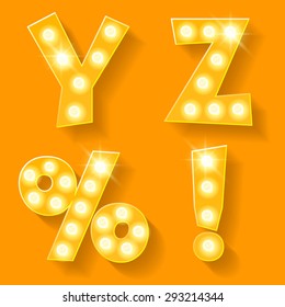 Vector yellow lamp alphabet for theatre, cinema and other entertainment. Letters Y Z and symbols