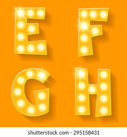 Vector yellow lamp alphabet for theatre, cinema and other entertainment. Letters E F G H