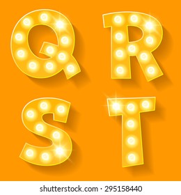 Vector yellow lamp alphabet for theatre, cinema and other entertainment. Letters Q R S T