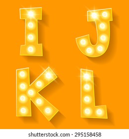 Vector yellow lamp alphabet for theatre, cinema and other entertainment. Letters I J K L