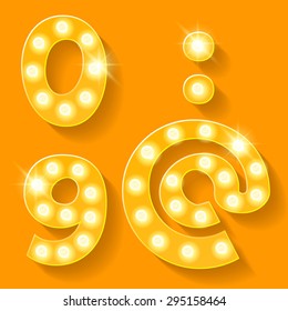 Vector yellow lamp alphabet for theatre, cinema and other entertainment. Numbers 9 0 and symbols