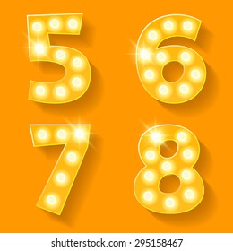 Vector yellow lamp alphabet for theatre, cinema and other entertainment. Numbers 5 6 7 8