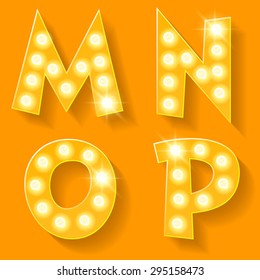 Vector yellow lamp alphabet for theatre, cinema and other entertainment. Letters M N O P 